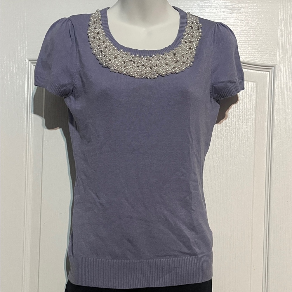 INC International Concepts Lavender Short Sleeve Top with Pearl Collar Size M